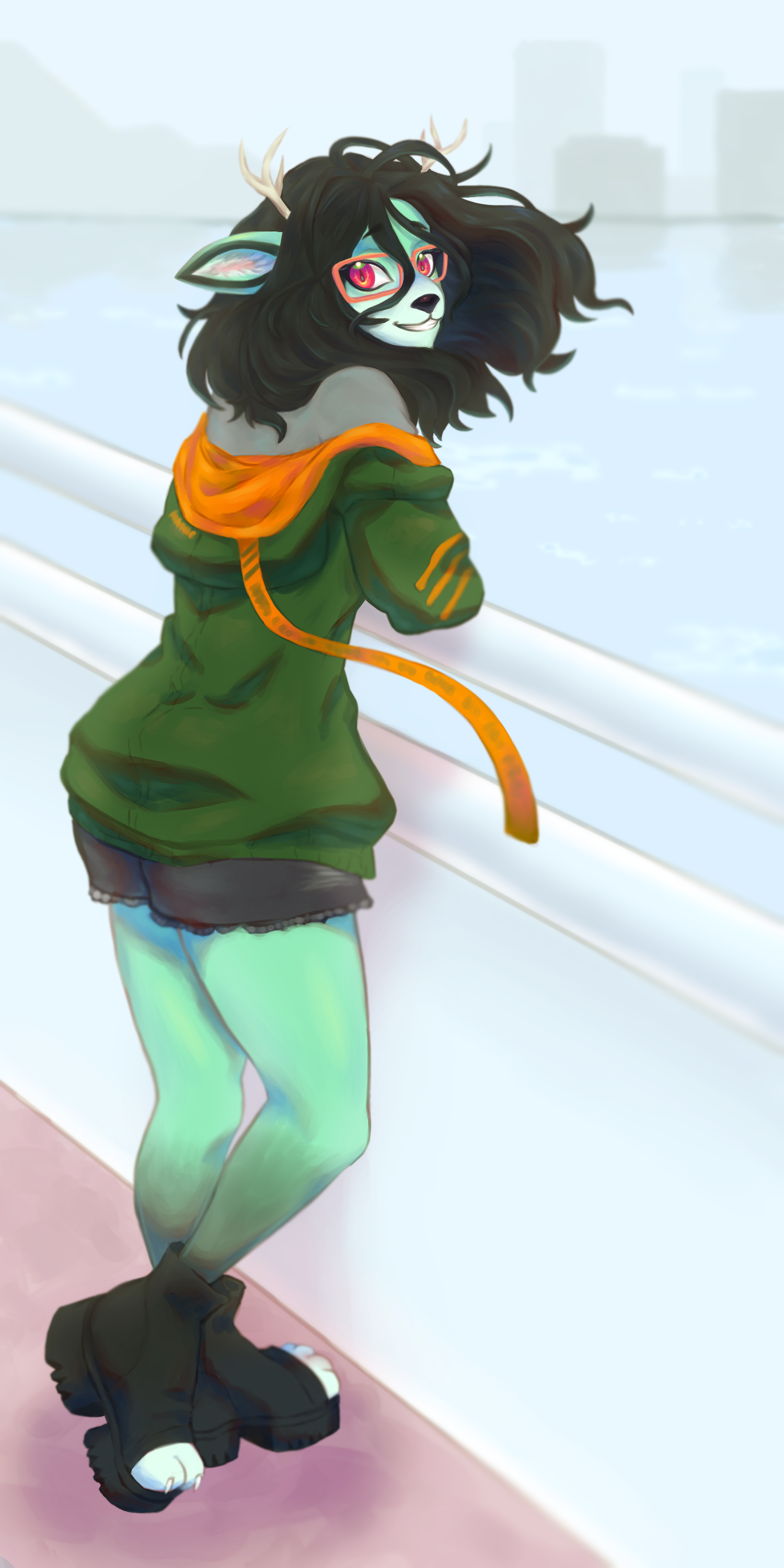 A mint, anthro deer gazes over her shoulder from the railing of a wharf.
